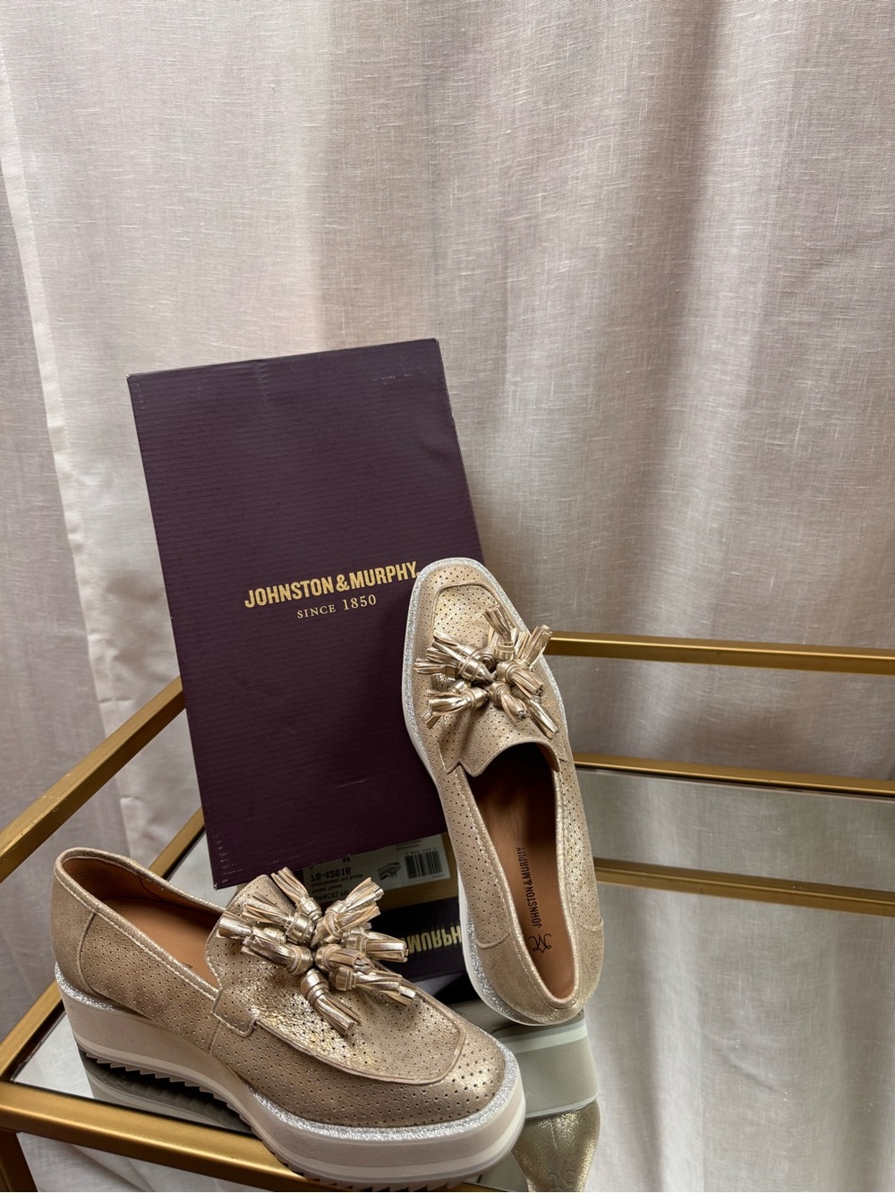Johnston & Murphy Metallic Champagne Loafers with Tassel Detail